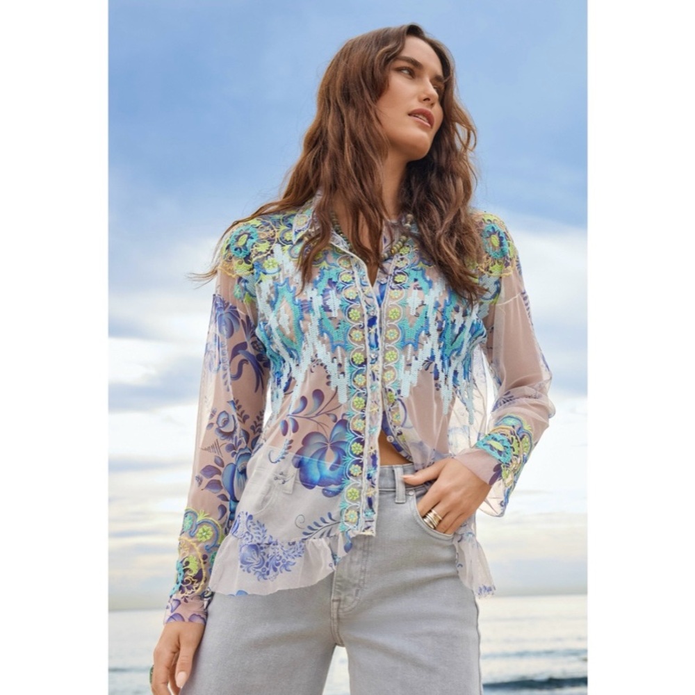 Johnny Was BIYA MAZZY BUTTON DOWN RUFFLE BLOUSE - Picture 2 of 9